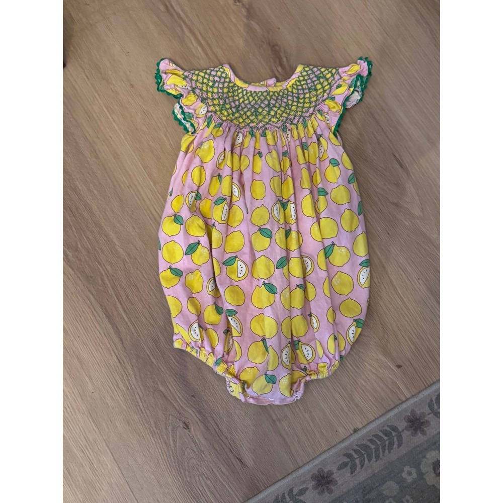 Smockingbird Baby Girls Pink Yellow Lemon Smocked Bubble Romper 18M